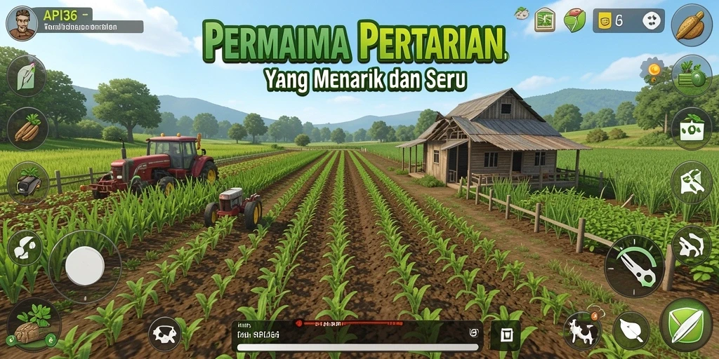 Screenshot menampilkan gameplay seru dari API36, pertanian yang aktif dan berwarna.