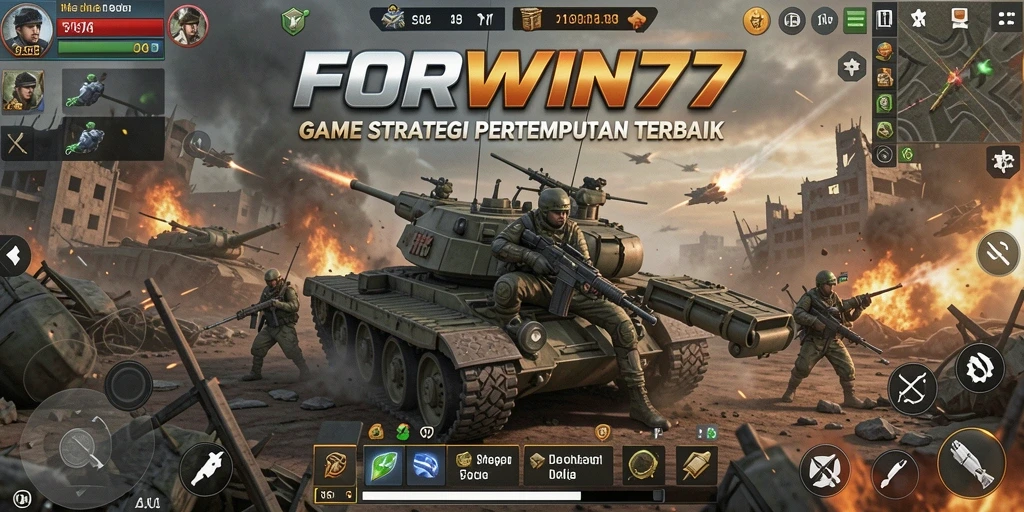 Tangkapan layar utama FORWIN77 menampilkan aksi pertempuran yang mendebarkan.