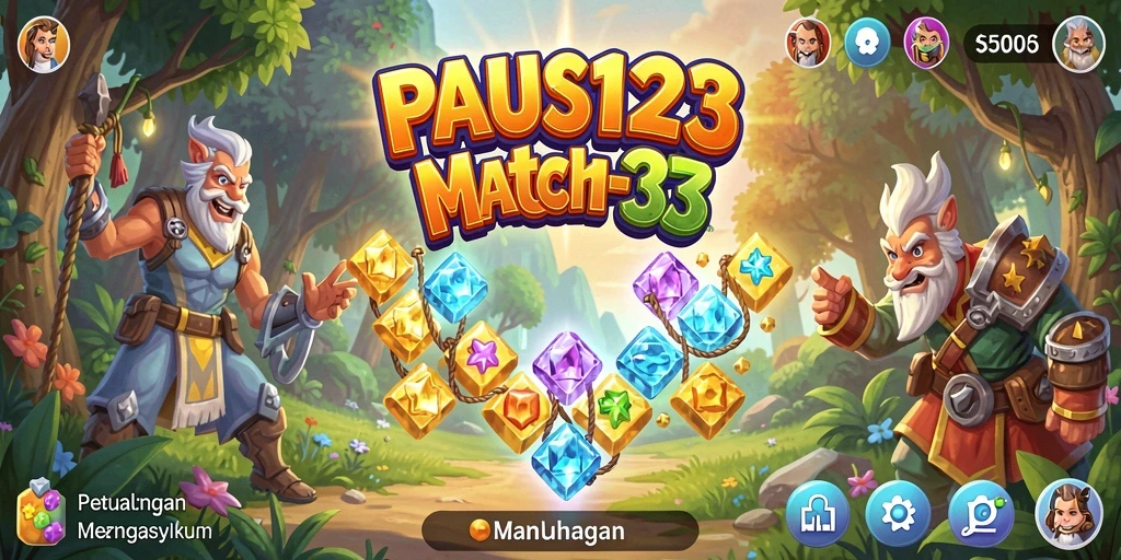 Tampilan gameplay seru PAUS123 dengan level Match-3 yang penuh warna.
