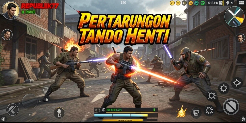 Tampilan gameplay yang dinamis dan penuh aksi di REPUBLIK77.