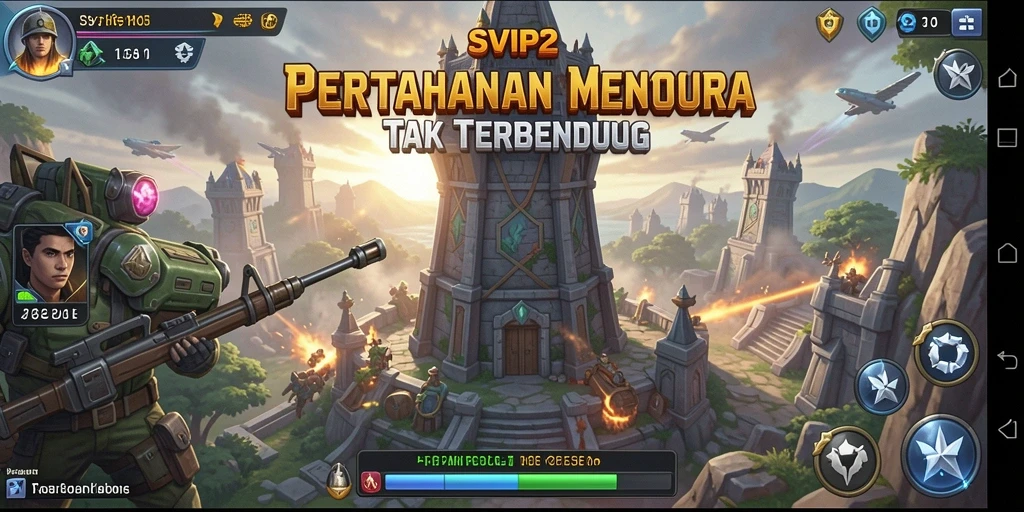 Tangkapan layar gameplay SVIP2 yang menampilkan aksi Tower Defense yang intens.